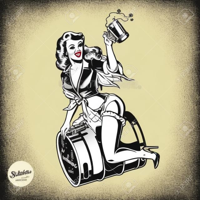 Pin encima de la muchacha sentada en el barril de cerveza y sosteniendo la taza llena de bebida fresca espumosa en la ilustración de vector aislado estilo monocromo vintage