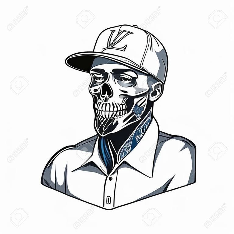 Vintage concept of man with chicano tattoos in baseball cap shirt and bandana with skull image on his face isolated vector illustration