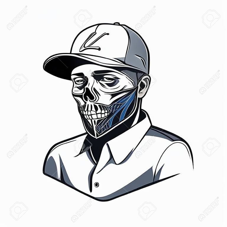 야구 모자 셔츠에 치카노 문신을 한 남자의 빈티지 개념과 그의 얼굴에 두개골 이미지가 있는 반다나 격리 벡터 삽화