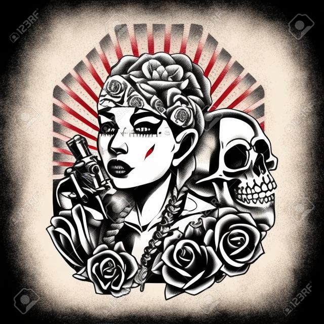 Chicano tattoo vintage template with pretty girl in bandana skull skeleton hand holding revolver and roses in monochrome style isolated vector illustration