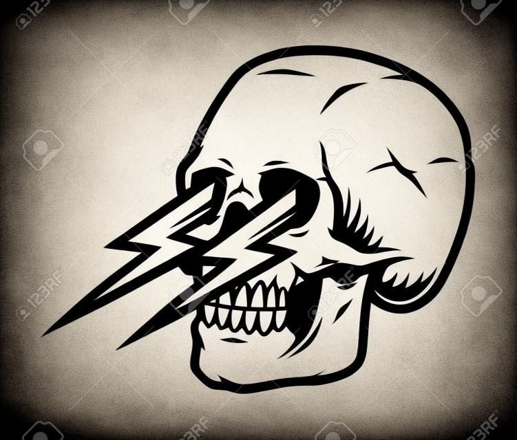 Tattoo template of skull with thunderbolts in its eye sockets in vintage monochrome style isolated vector illustration