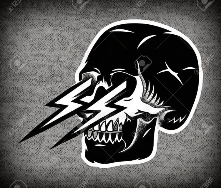 Tattoo template of skull with thunderbolts in its eye sockets in vintage monochrome style isolated vector illustration