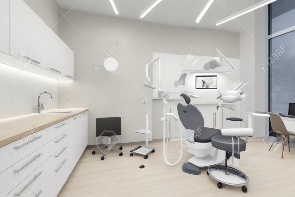 Interior de la clínica con unidad dental moderna, muebles blancos y encimera gris