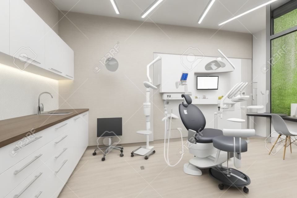 Clinic interior with modern dental unit, white furniture and grey worktop