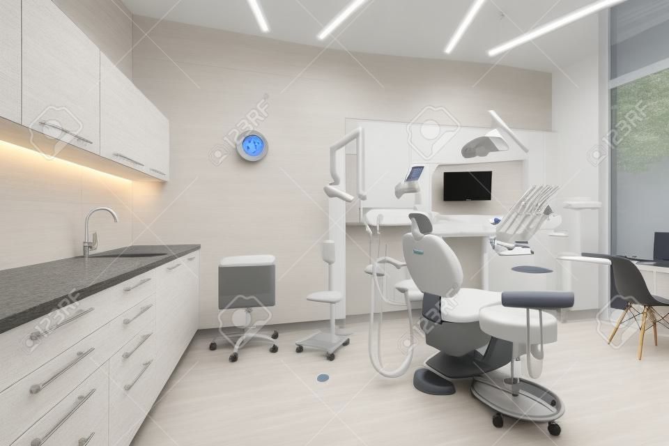 Interior de la clínica con unidad dental moderna, muebles blancos y encimera gris