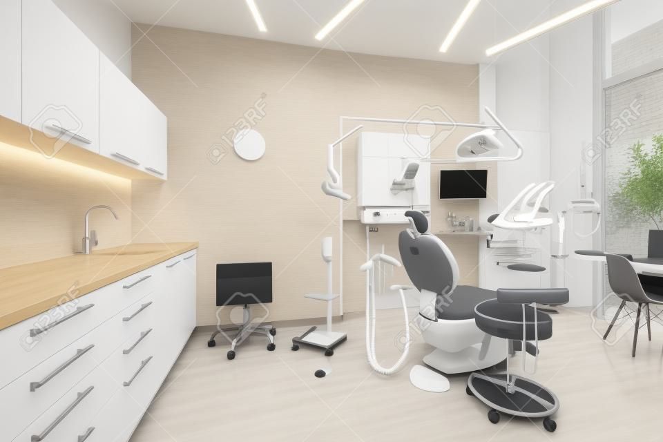 Klinik Interieur mit modernen Dental-Einheit, weiße Möbel und graue Arbeitsplatte