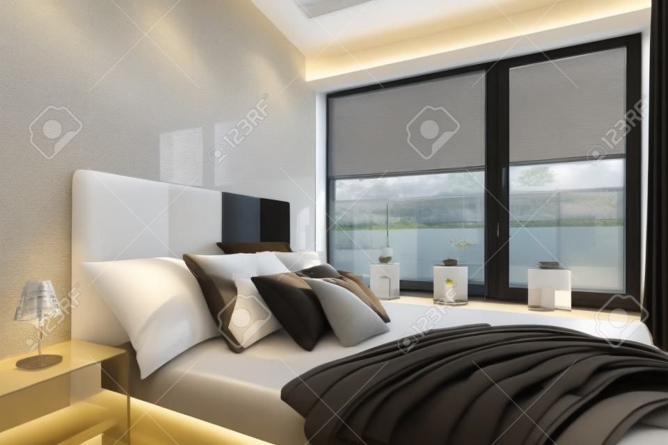 Camera da letto moderna con letto matrimoniale, parete lucida e grande finestra