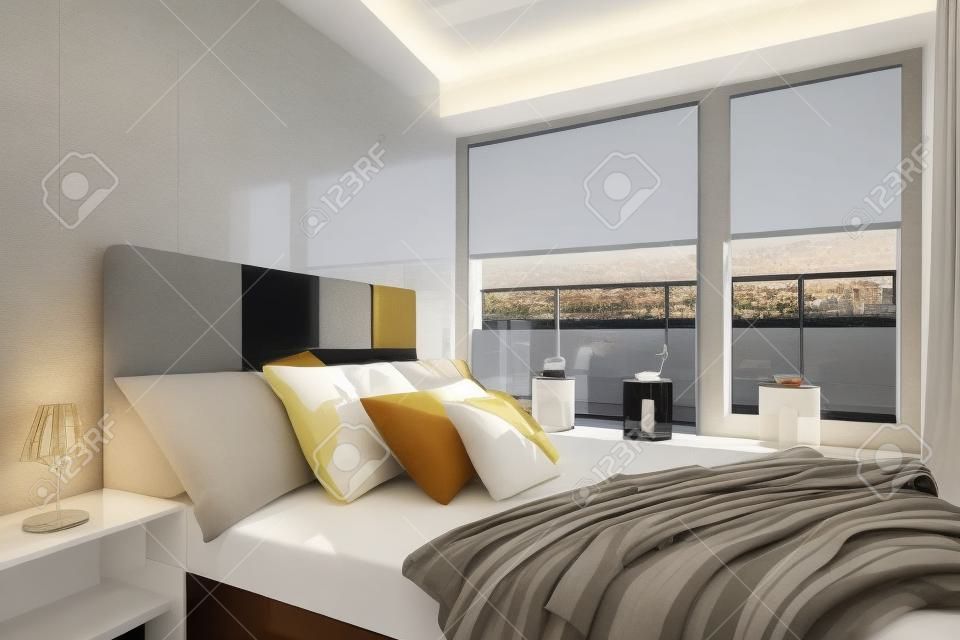 Modern bedroom with double bed, high gloss wall and big window