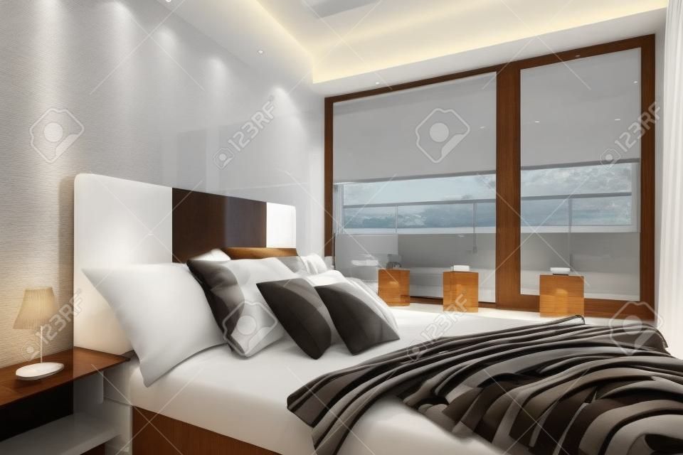 Quarto moderno com cama de casal, parede de alto brilho e grande janela