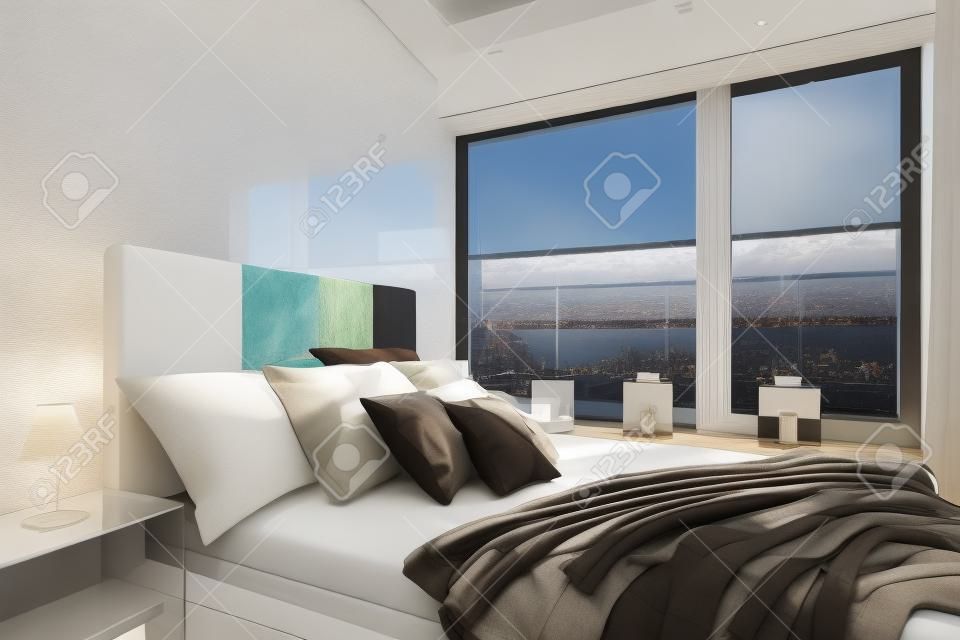 Quarto moderno com cama de casal, parede de alto brilho e grande janela