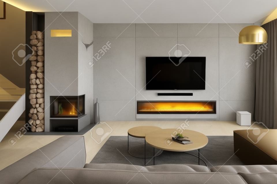 Tv living room with cement wall and wall mounted fireplace