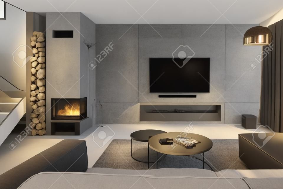 Tv living room with cement wall and wall mounted fireplace