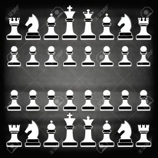 Pezzi di scacchi Silhouette - in bianco e nero Set di illustrazione
