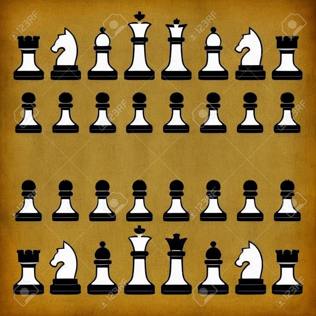Piezas de ajedrez Silueta - Blanco y Negro Set ilustración