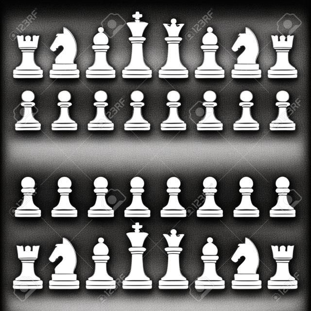 国际象棋件剪影-黑色和白色设置图