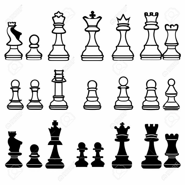 国际象棋件剪影-黑色和白色设置图