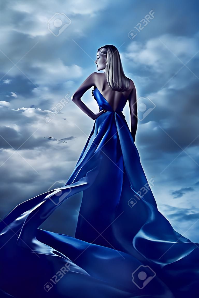 Woman Back Portrait in Evening Dress, Lady in Silk Gown, Cloth Flying over Blue Sky, Night Clouds