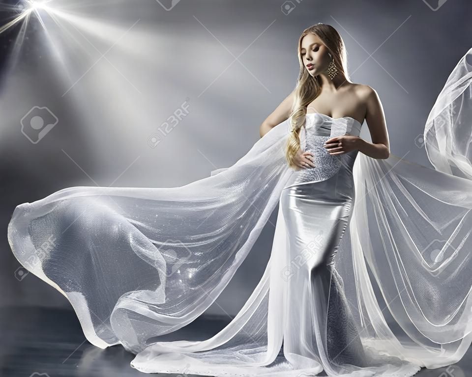 Young Woman in Fashion Shiny Dress, Lady in Flying Clothes, Girl under Star Light, Shiny Cloth Fluttering and Flowing