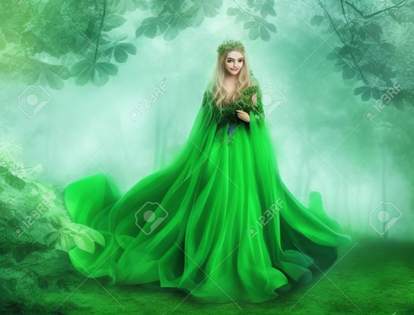 판타지 동화 숲, 동화 자연 여신, 신비한 녹색 드레스 요정 여자
