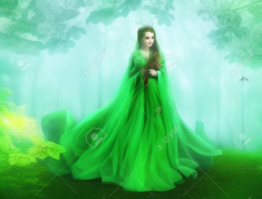 판타지 동화 숲, 동화 자연 여신, 신비한 녹색 드레스 요정 여자