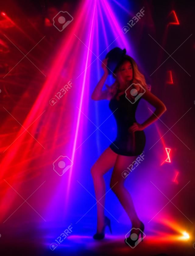 Nightclub Dancing Girl, Woman Artist in Night Club, Dancer Posing in Hat Shine Mini Dress, Laser Lighting Illumination