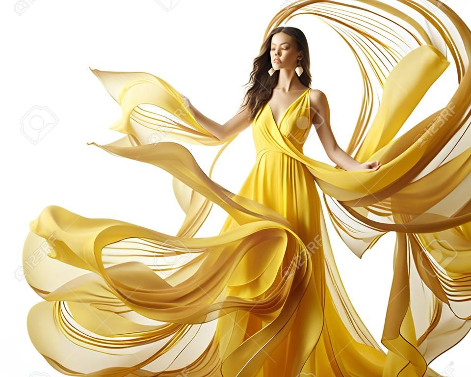 Mode model jurk, vrouw in stromende stof jurk, kleding stroom op wind, wit geel