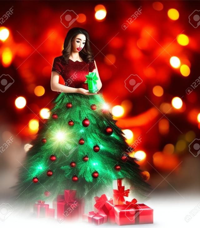 Christmas Tree Woman Fashion Dress, Model Girl and Candle, Present Gift on Xmas Red Lights Background