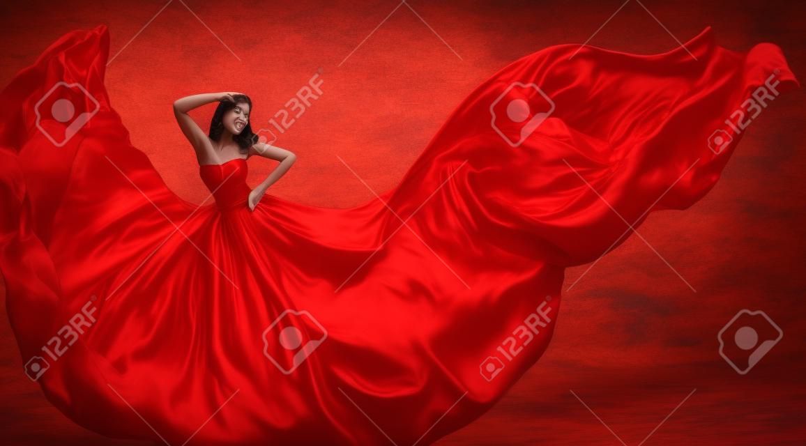 Woman Red Dress Flying Silk Fabric, Fashion Model Dance in Storm Wind