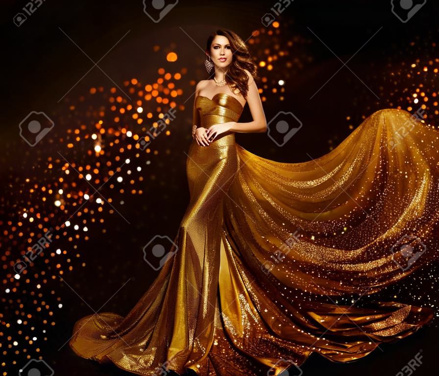 Moda Kobieta Złota suknia, Luksusowy Dziewczyna w Eleganckie złote tkaniny suknia, Latający Sparkles Cloth