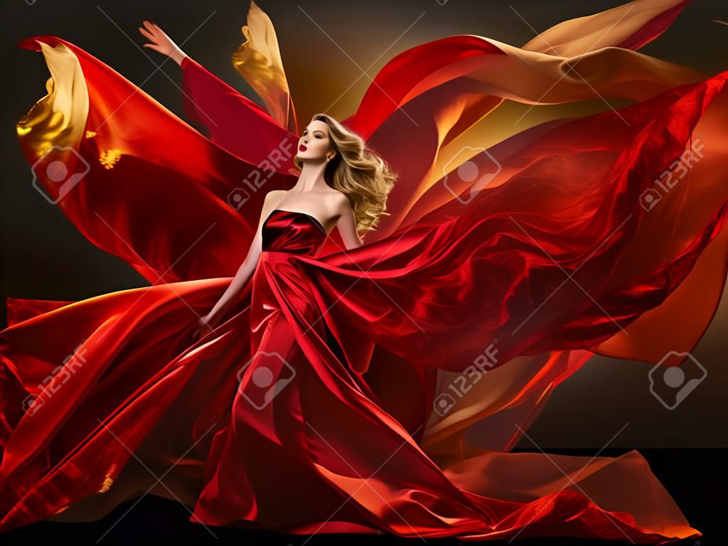 Женщина мода платье Летающая красный Ткань, красивая девушка Размахивая шелковую ткань на ветру