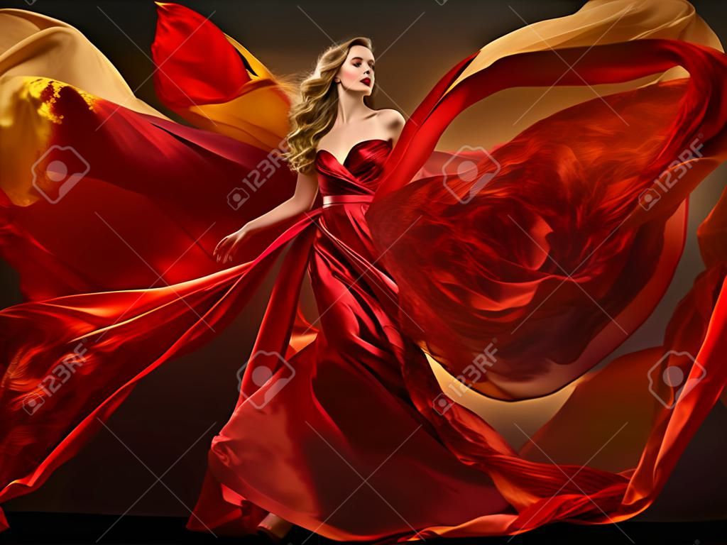 Woman Fashion Dress Flying Red Stof, Mooi meisje zwaaiende zijdedoek op Wind