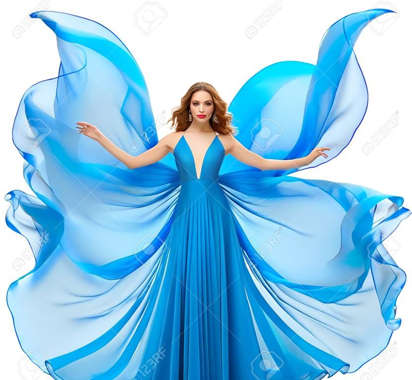 Kobieta niebieska sukienka, modelka w długiej, falującej sukni jak skrzydła motyla, latająca, trzepocząca tkanina