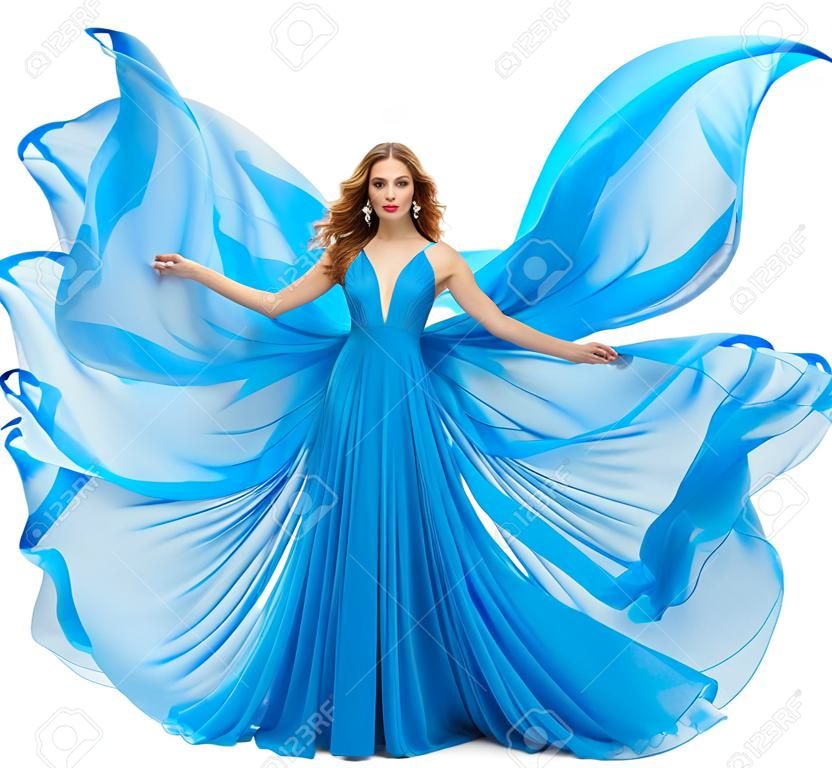 여자 파란색 드레스, 나비 날개로 긴 흔들며 가운에 패션 모델, 펄럭이는 원단