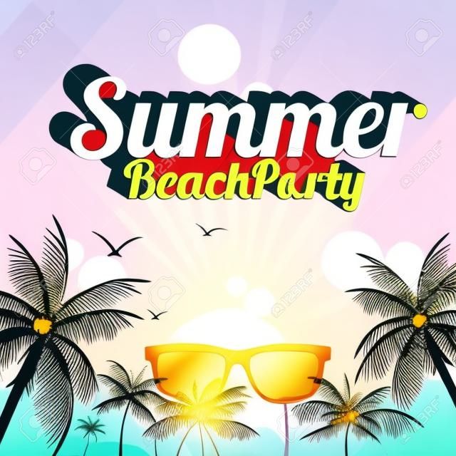夏日海灘派對傳單設計與Palmtrees  - 矢量插圖