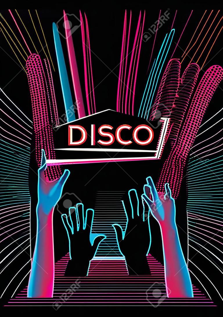 Retro Neon Disco Party Flyer Template - Vector Illustration