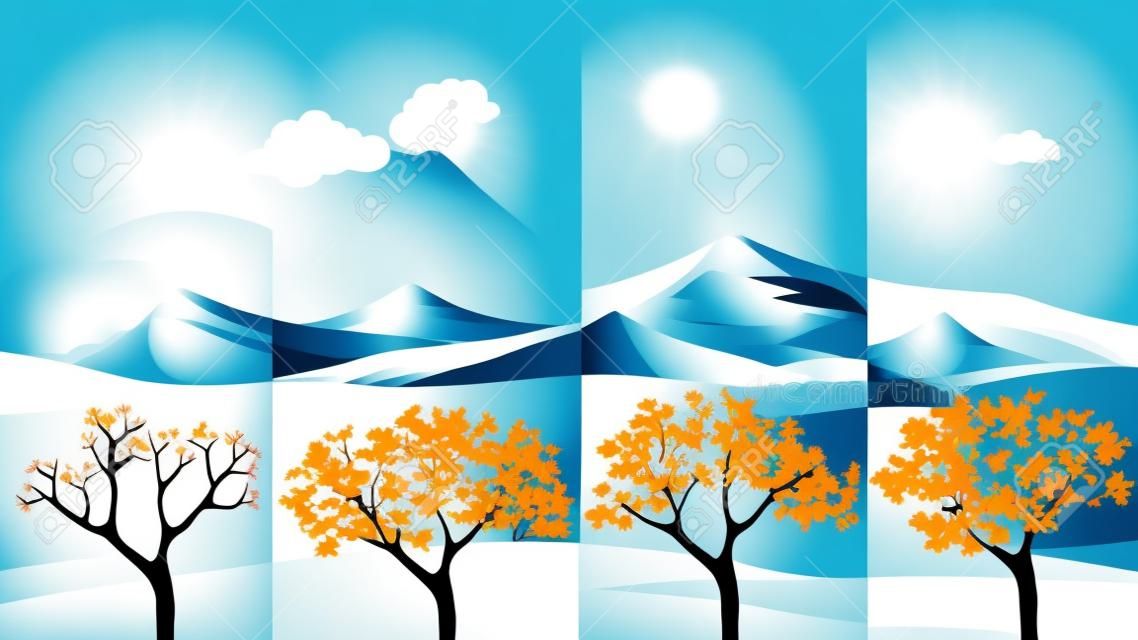 Four Seasons Banners with Abstract Trees and Mountains  - Vector Illustration