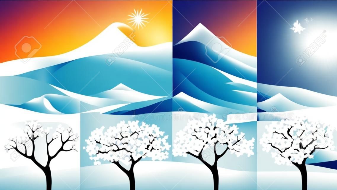 Four Seasons Banners with Abstract Trees and Mountains  - Vector Illustration