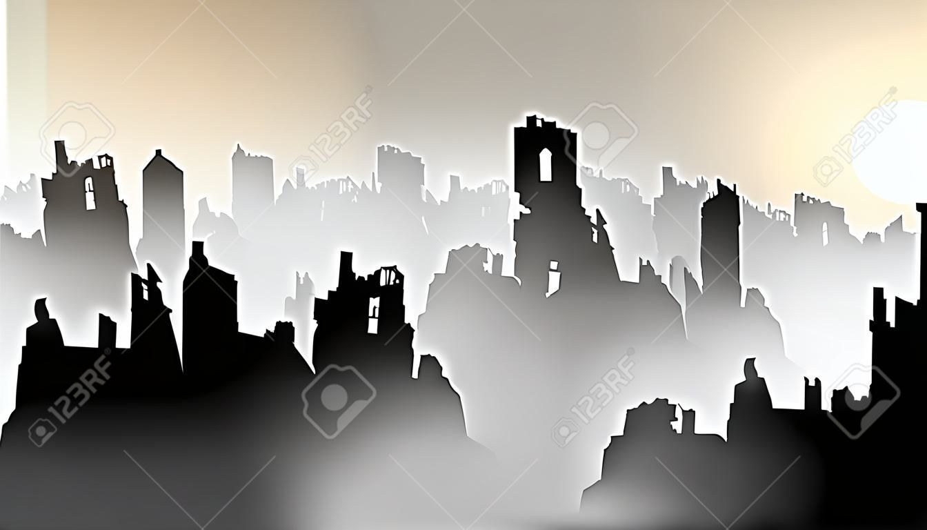 Silhouette of destroyed buildings- Vector Illustration