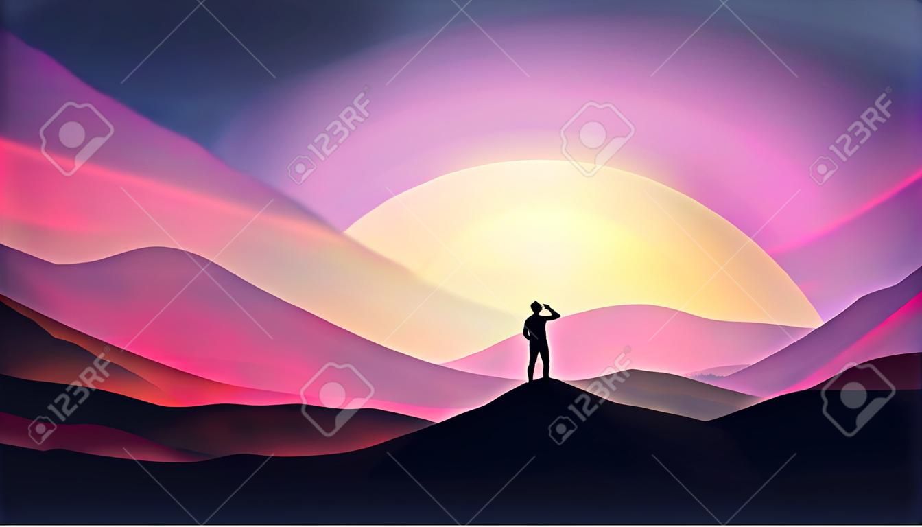 Coucher de soleil ou aube sur les montagnes avec homme regardant dans le paysage de distance - Illustration vectorielle