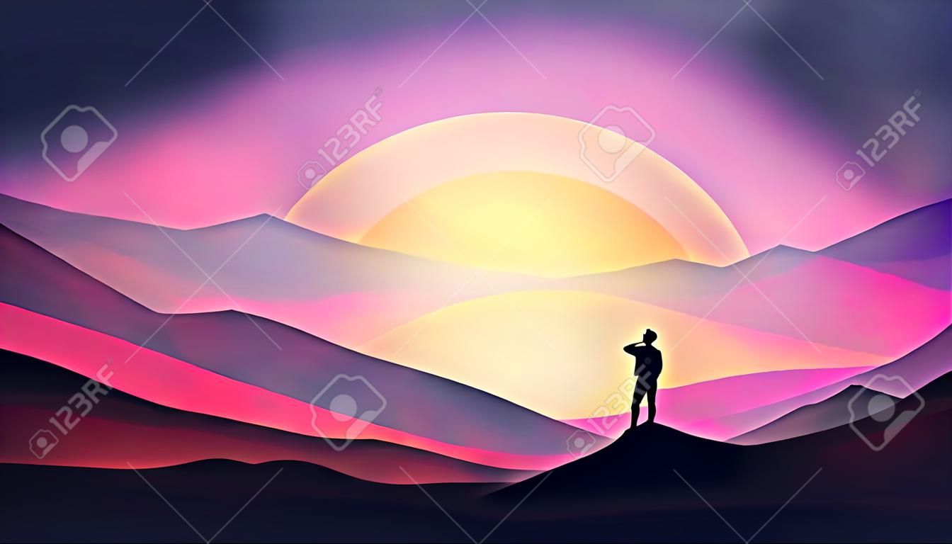 Il tramonto o Dawn Over Mountains con l'uomo che fissa nel paesaggio di distanza - Vector l'illustrazione