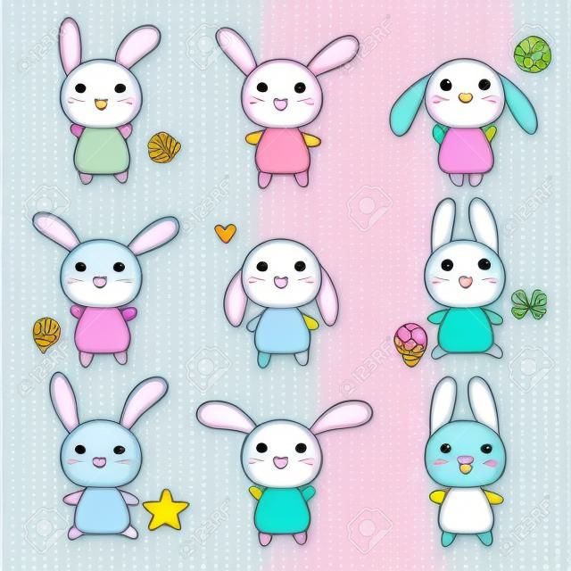 Colección de divertidos y lindos conejos kawaii feliz