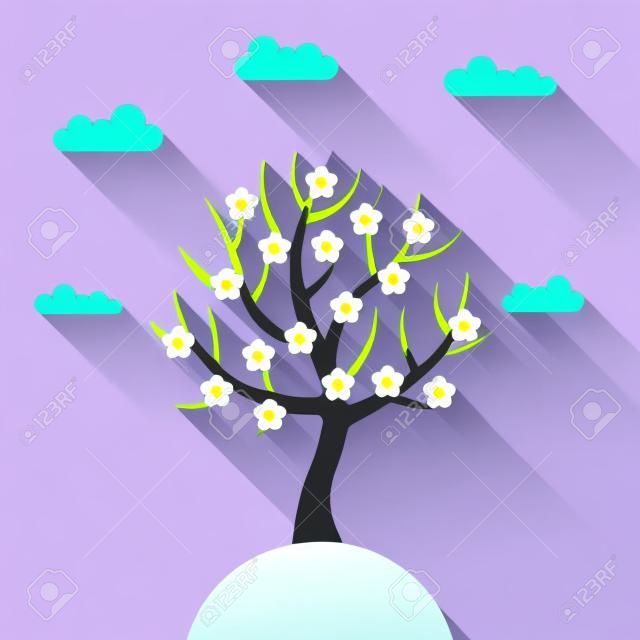 Achtergrond met voorjaarsboom in platte designstijl.