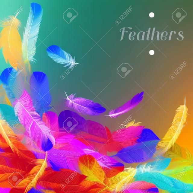 Colorful background with bright abstract transparent feathers