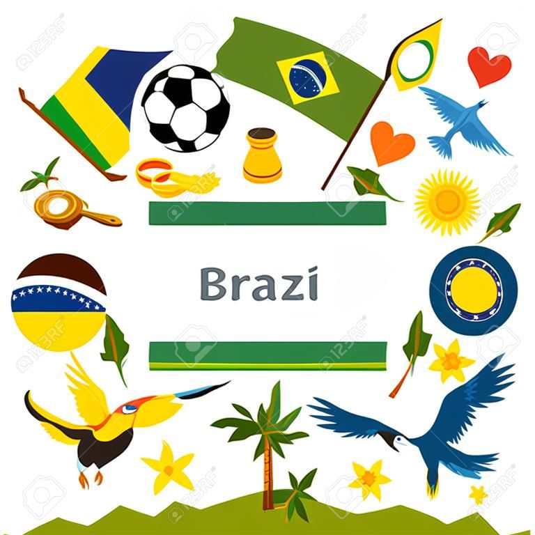 Brésil fond avec des objets stylisés et des symboles culturels.