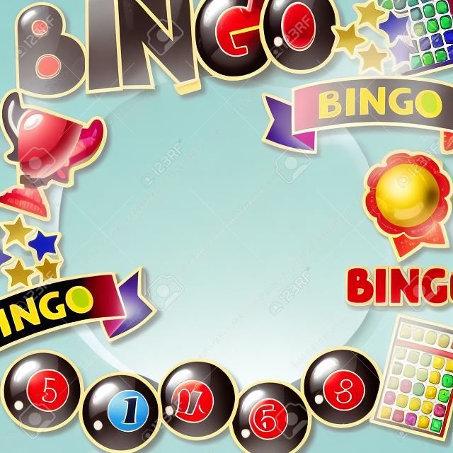 Fundo de jogo de bingo ou loteria com bolas e cartões.
