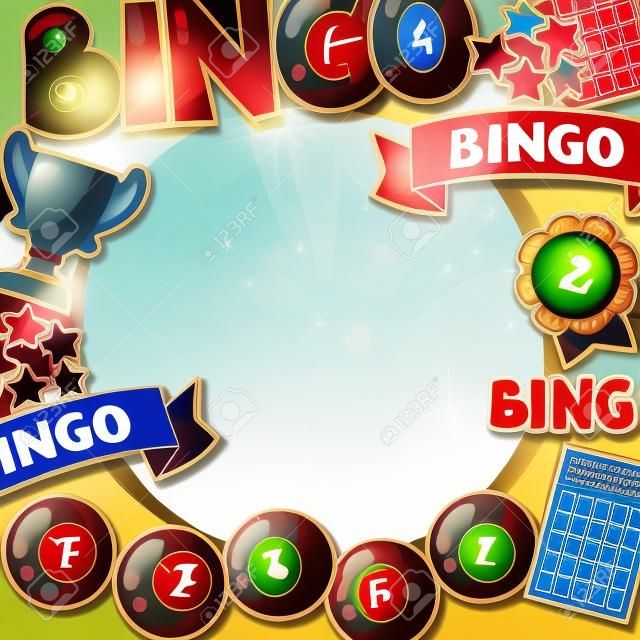 Fundo de jogo de bingo ou loteria com bolas e cartões.