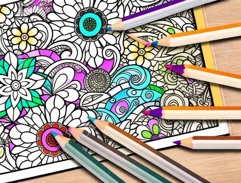 Концепция для взрослых раскраски с карандашами, набивным рисунком. Иллюстрация пункта тренда, чтобы снять стресс и творческий потенциал.