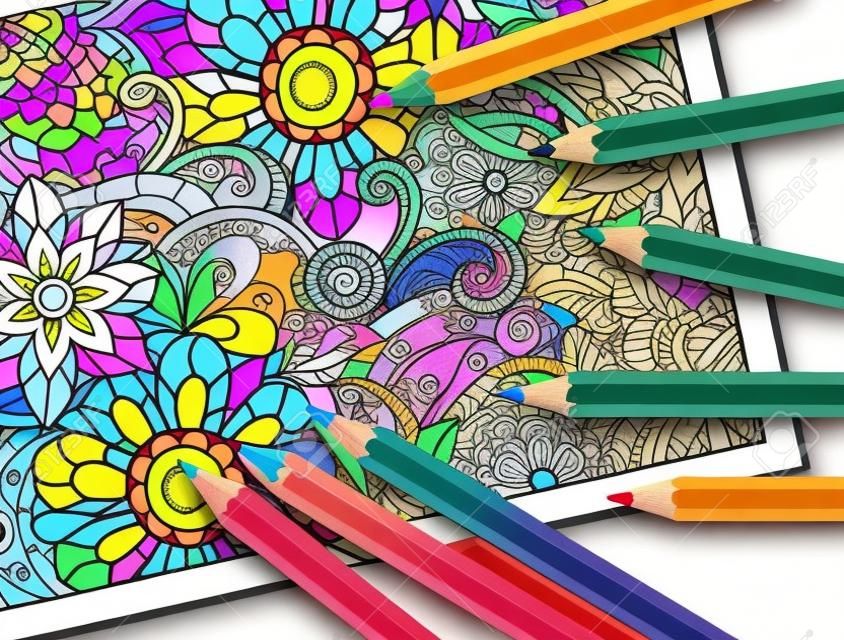 Adult coloring concept with pencils, printed pattern. Illustration of trend item to relieve stress and creativity.