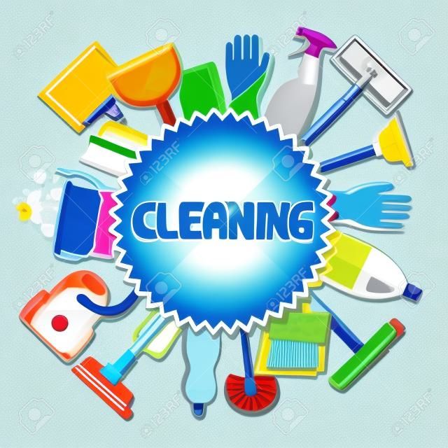 La limpieza de fondo con los iconos etiqueta de limpieza. La imagen se puede utilizar en folletos publicitarios, banners, desolladores, el artículo, los medios sociales.