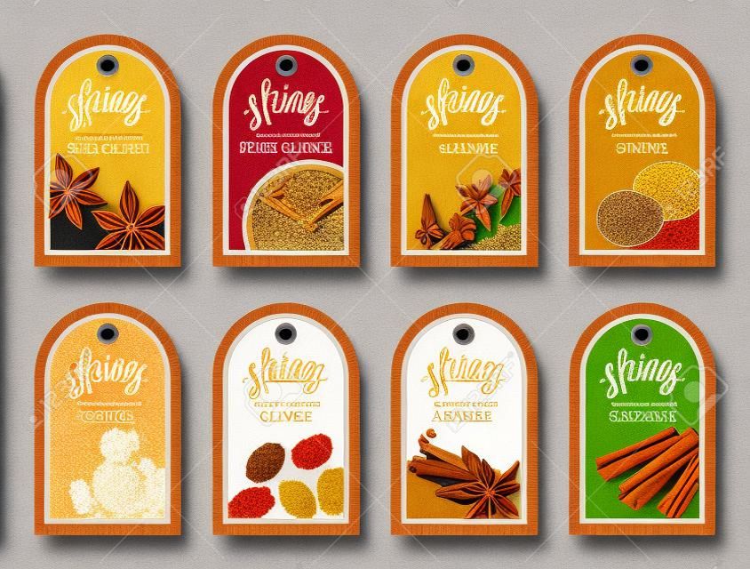 Tags with various spices. Illustration of anise cloves vanilla ginger and cinnamon.